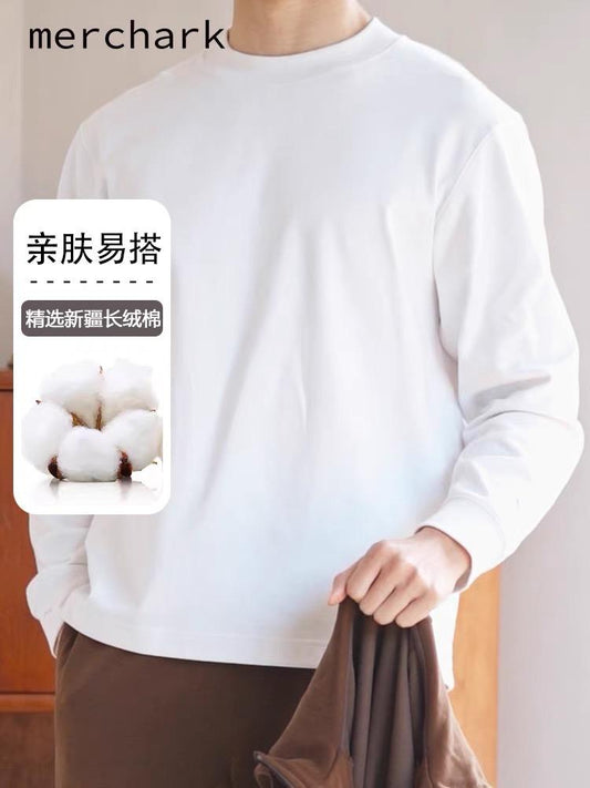 樓高素衣重磅新疆長絨棉親膚純色簡約寬鬆內搭圓領內搭長袖t恤男